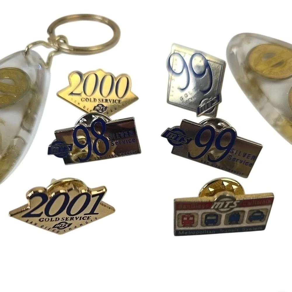 MTS San Diego Transit Pins Bundle of 9 1998-2001‎ Service Awards Token Key Fobs
